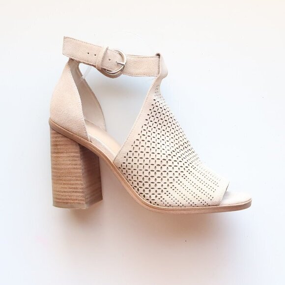 Marc Fisher Beige Laser-cut Suede Leather Peep Toe Block Heel Ankle Strap Sandal - Picture 8 of 16